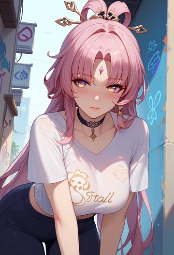 star rail,fu xuan,crop graffiti tee,dolphin shorts  - AI generated anime art